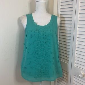 Ann Taylor Teal Green Sleeveless Blouse with Floral Appliqué and Pearl D…